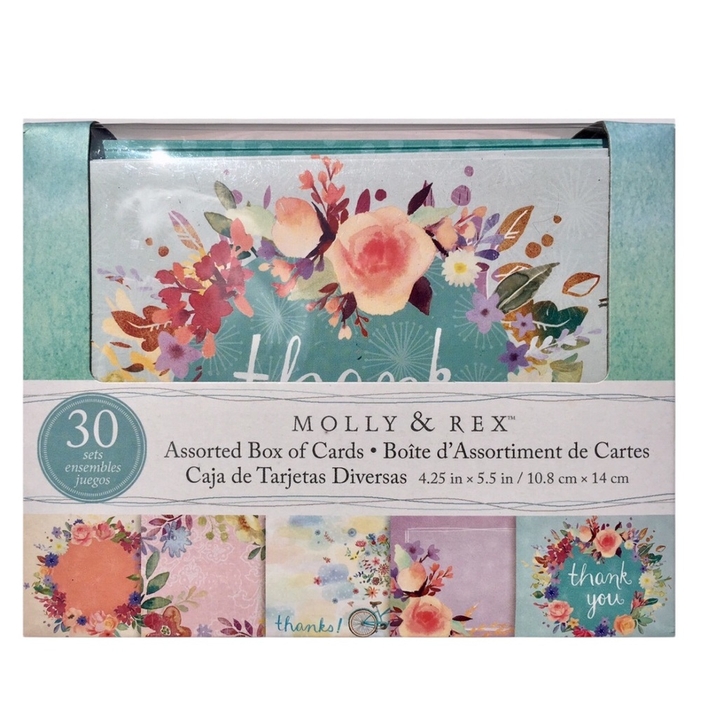 Molly & Rex Assorted Box of 30 Blank Note Cards, Teal Floral (74240)